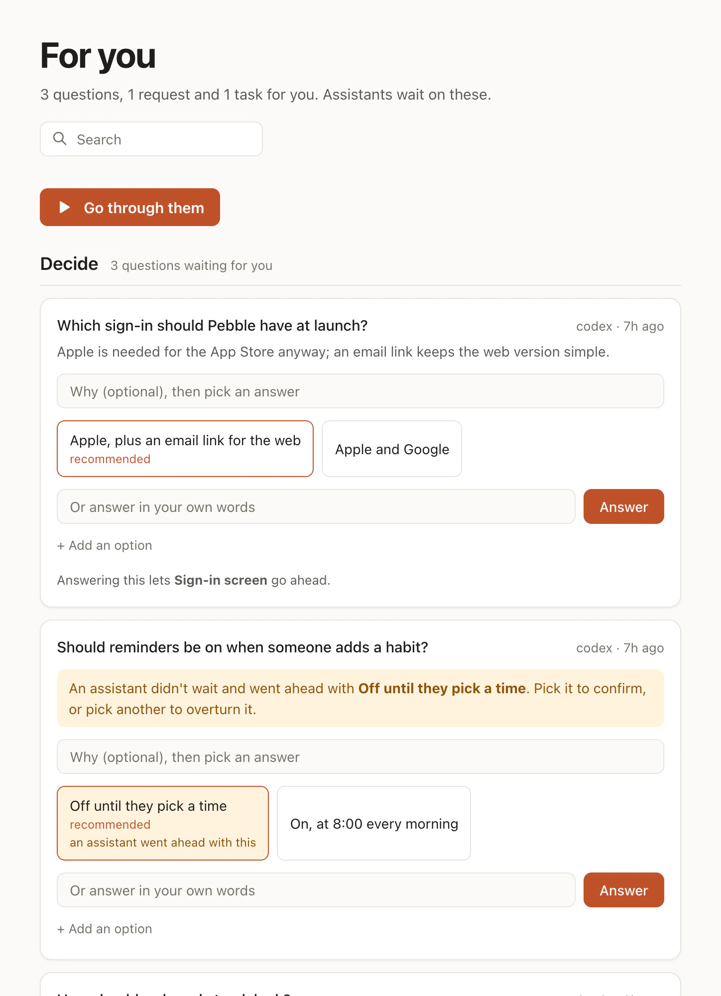 For you: decisions with their options and the one recommended, then a request with its exact steps.