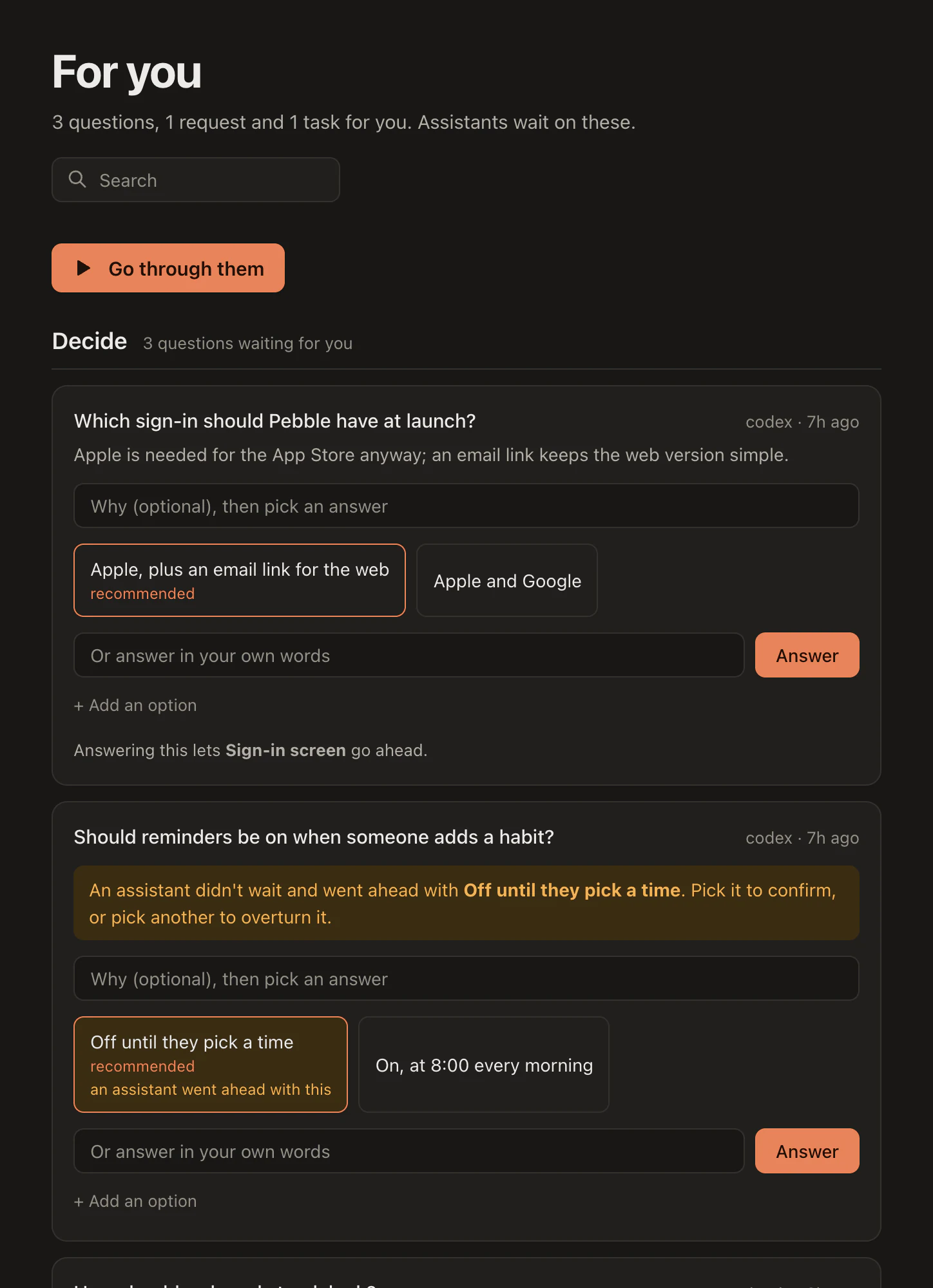 For you: decisions with their options and the one recommended, then a request with its exact steps.