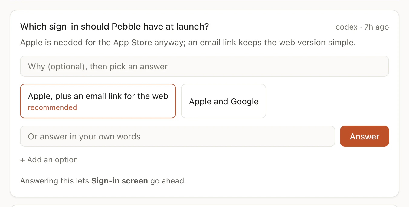 A question from codex: which sign-in Pebble should have at launch, with the recommended option marked and what answering it frees.