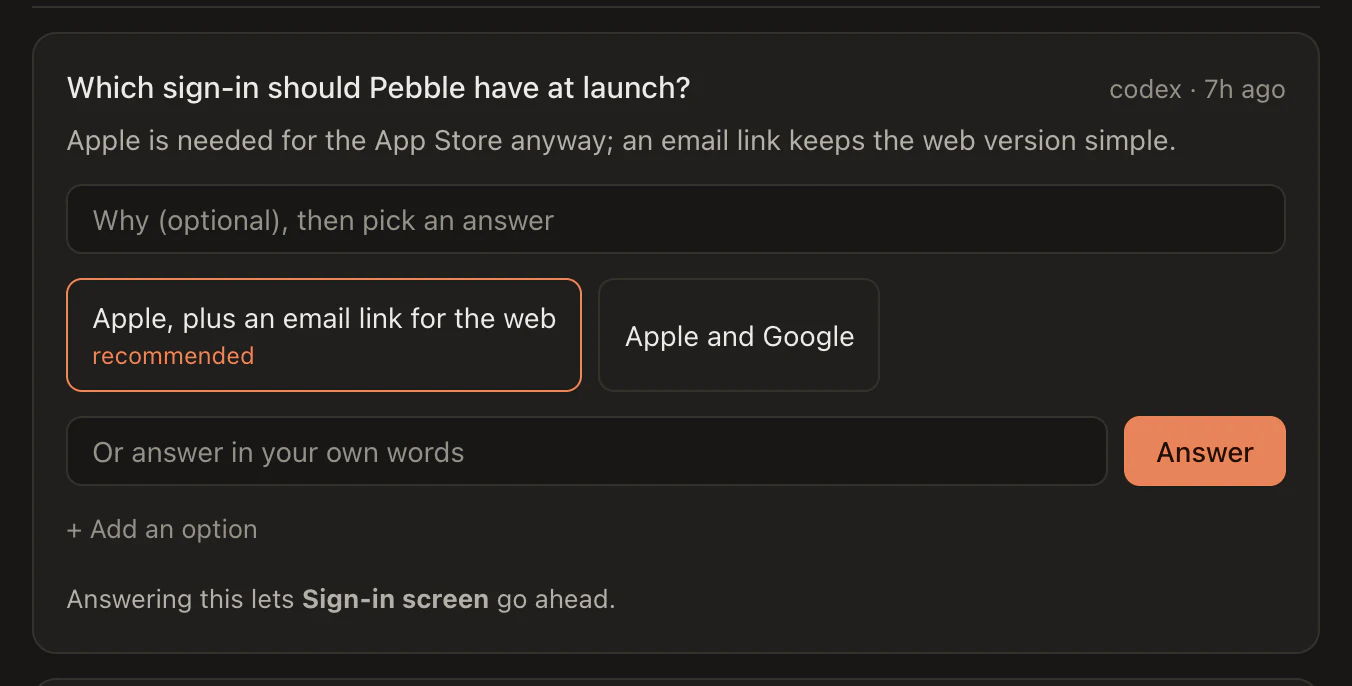 A question from codex: which sign-in Pebble should have at launch, with the recommended option marked and what answering it frees.
