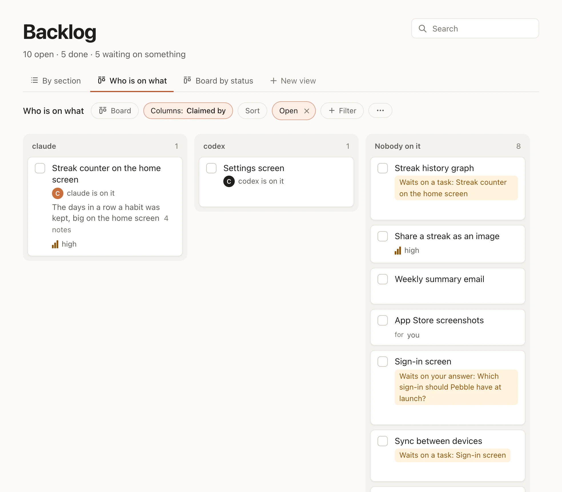 A view of the backlog by who is on what: claude and codex each with the task they hold, and the rest nobody has taken yet.