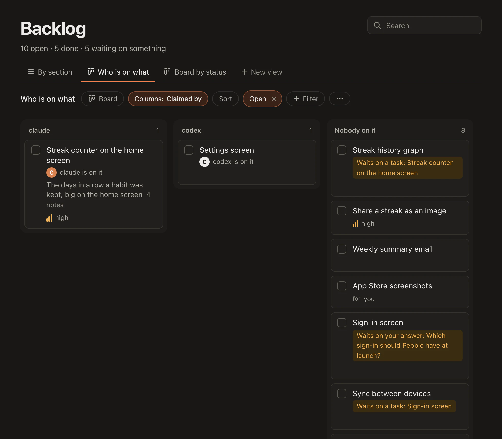 A view of the backlog by who is on what: claude and codex each with the task they hold, and the rest nobody has taken yet.